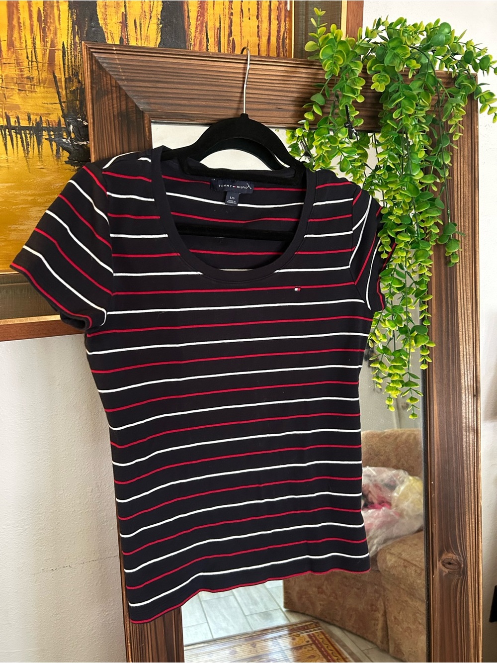 Tommy Hilfiger Women's Black Striped Short Sleeve Tee - Red & White Stripes